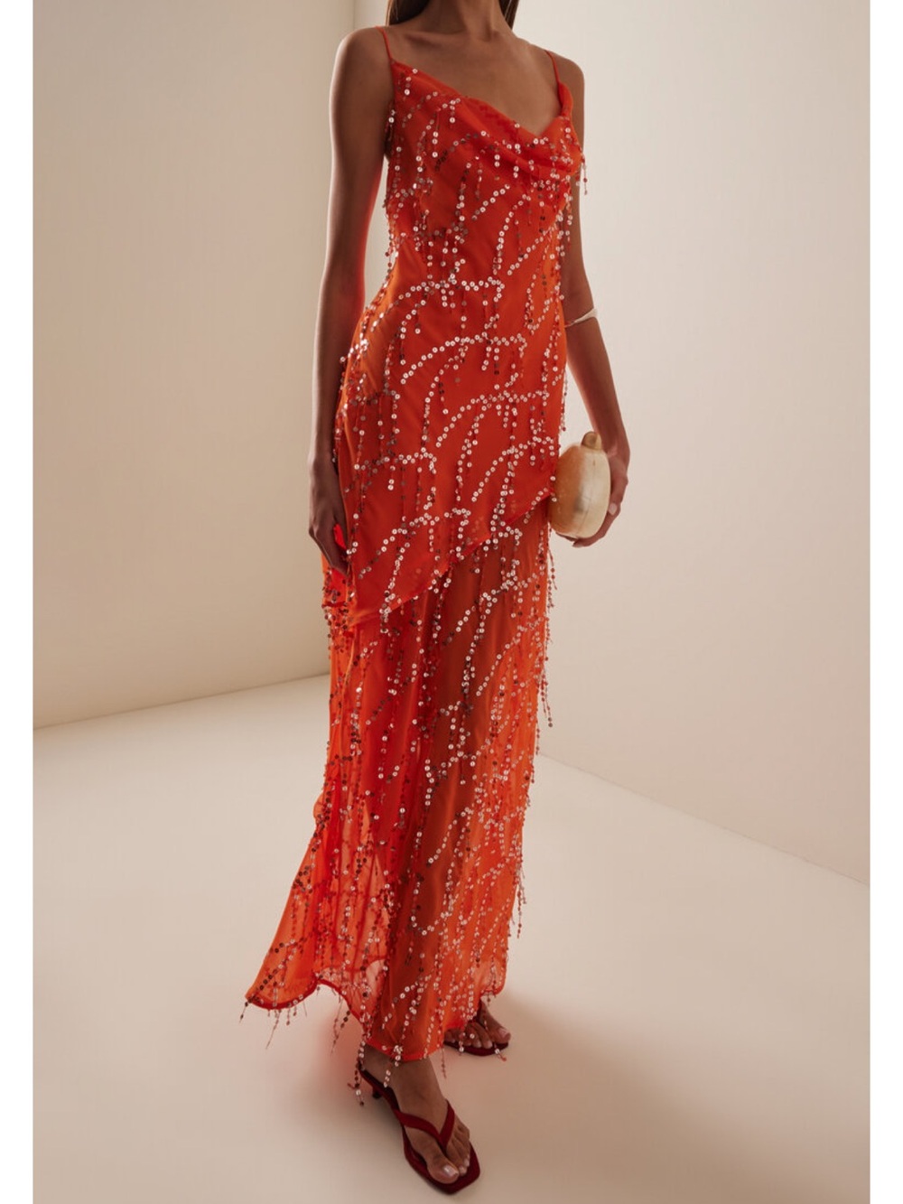 Sequin-Embellished Orange Maxi Slip Dress